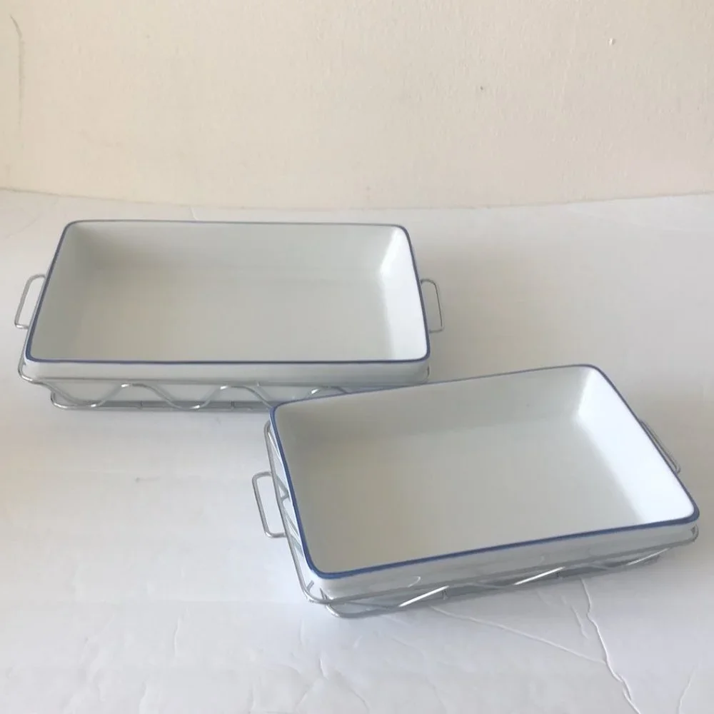2 porcelain rectangular trays for microwave cookware in metal serving frame